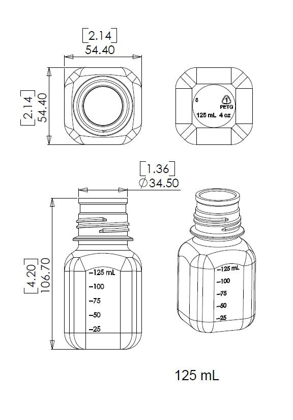 TriForest BGC0125S-B, 125ml PETG Media Bottle, Standard Cap w/Plastic Shrink Seal, Sterile