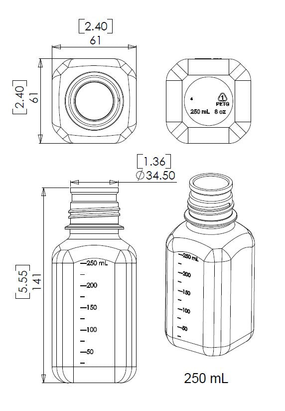 TriForest BGC0250S-B, 250ml PETG Media Bottle, Standard Cap w/Plastic Shrink Seal, Sterile