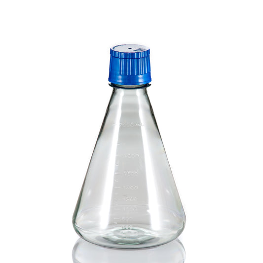 TriForest FPC2000S, 2000ml Polycarbonate Erlenmeyer Culture Flask, Flat Base, Membrane Vented Duo Cap, Sterile