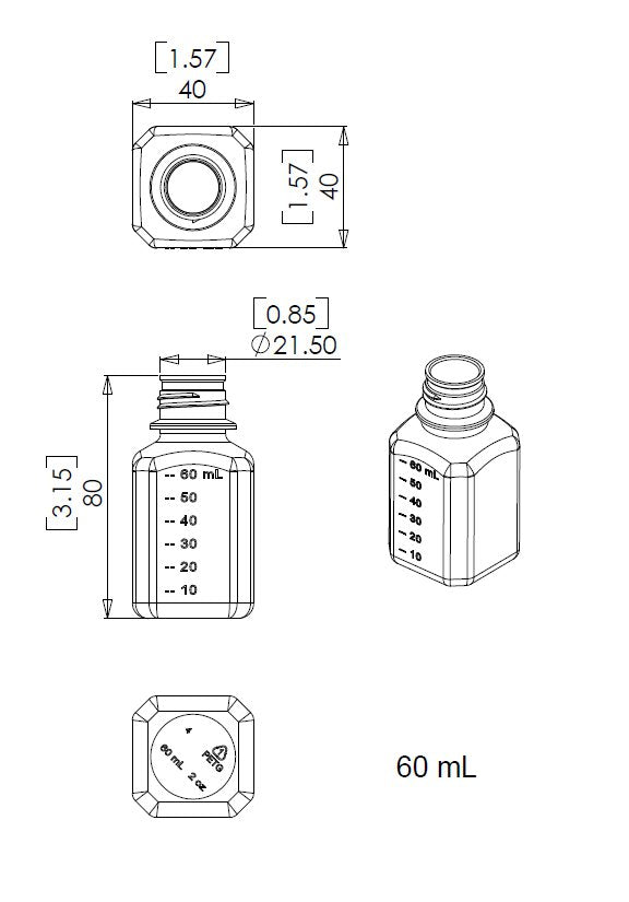 TriForest BGC0060S-B, 60ml PETG Media Bottle, Standard Cap w/Plastic Shrink Seal, Sterile