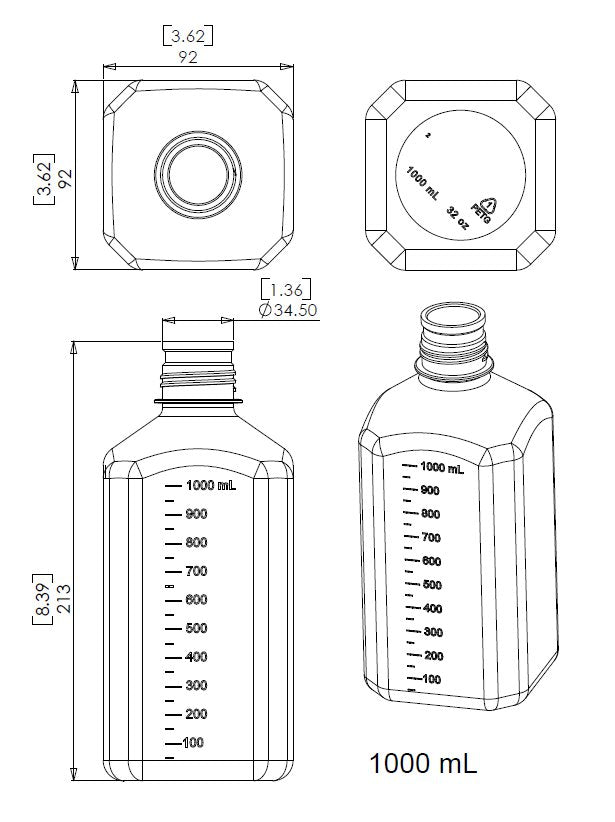 TriForest BGC1000S-B, 1000ml PETG Media Bottle, Standard Cap w/Plastic Shrink Seal, Sterile